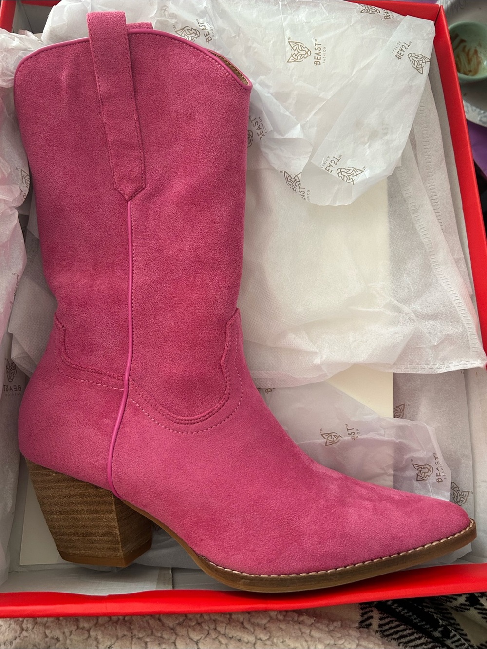 BEAST FASHION Pink Suede Western Block Heel Boot